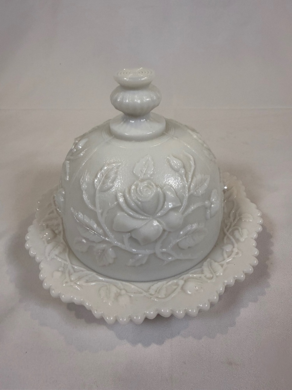 Vintage Milk Glass Butter Dish Floral Covered Dish Cottage Decor